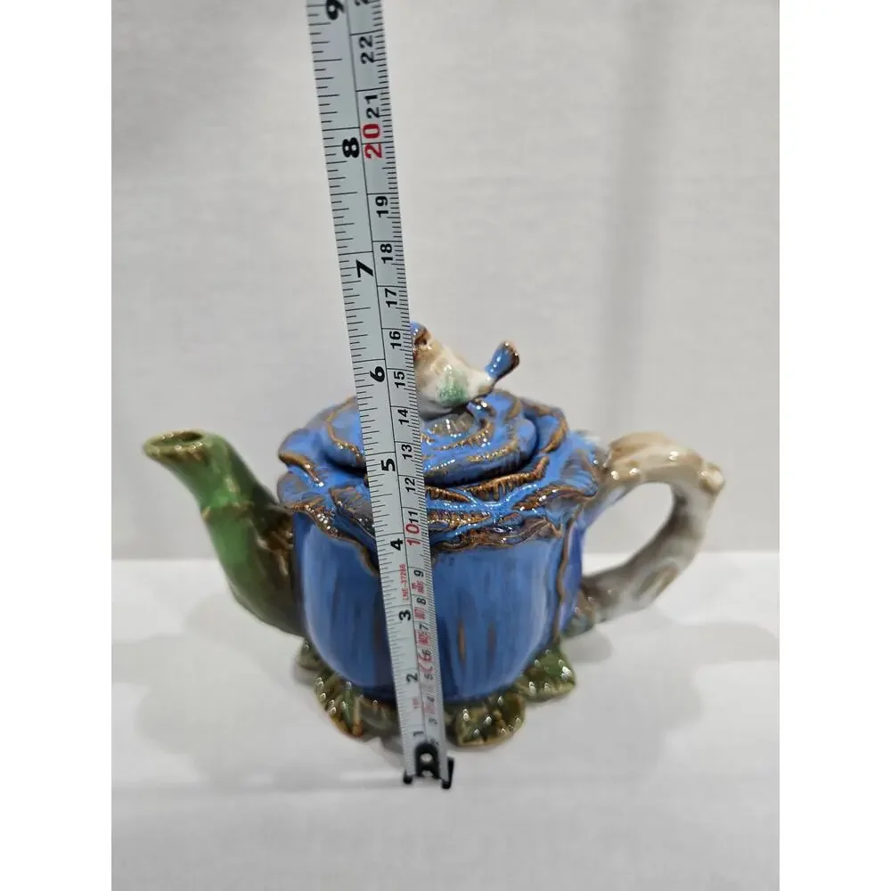 Majolica Style Cabbage Rose Bluebird Finial Ceramic Teapot Floral Decor